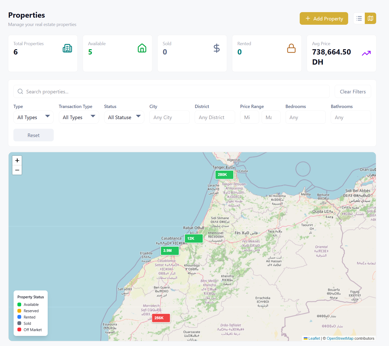 Properties pinned on an interactive map