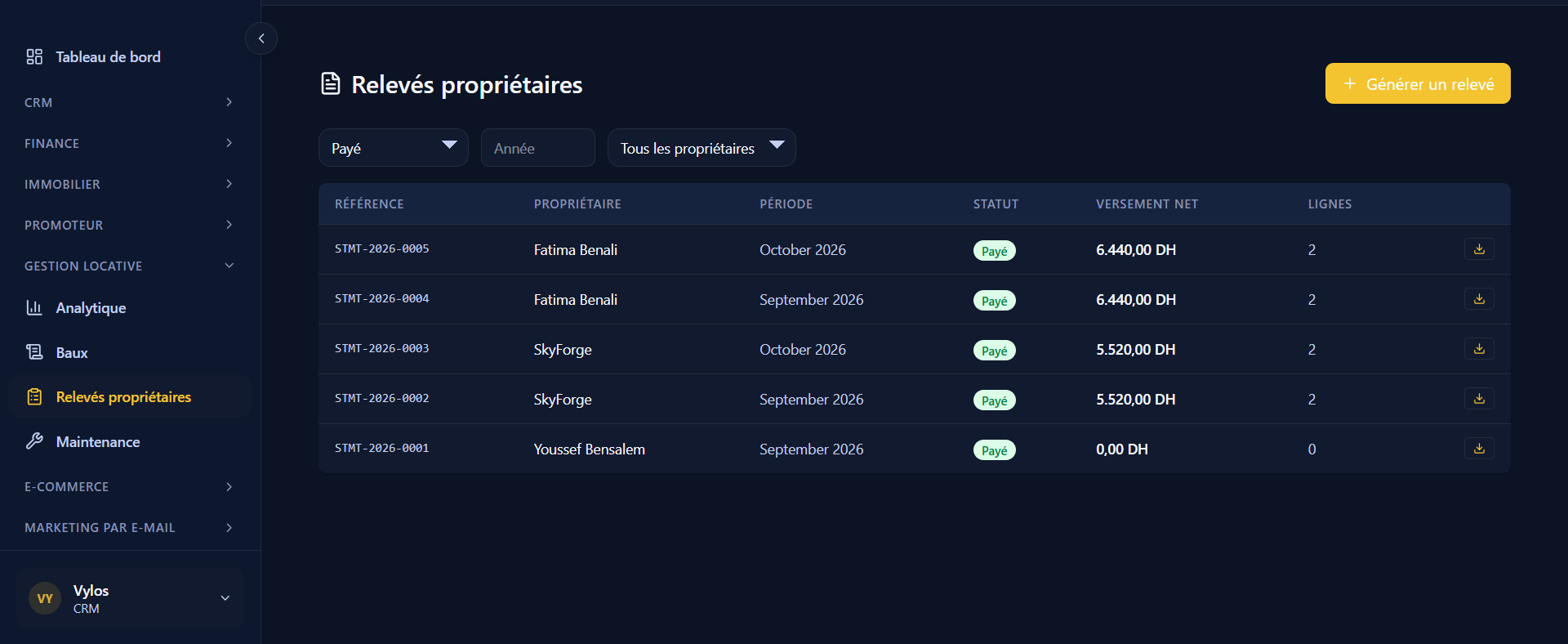 Owner statement list with reference, period and net payout