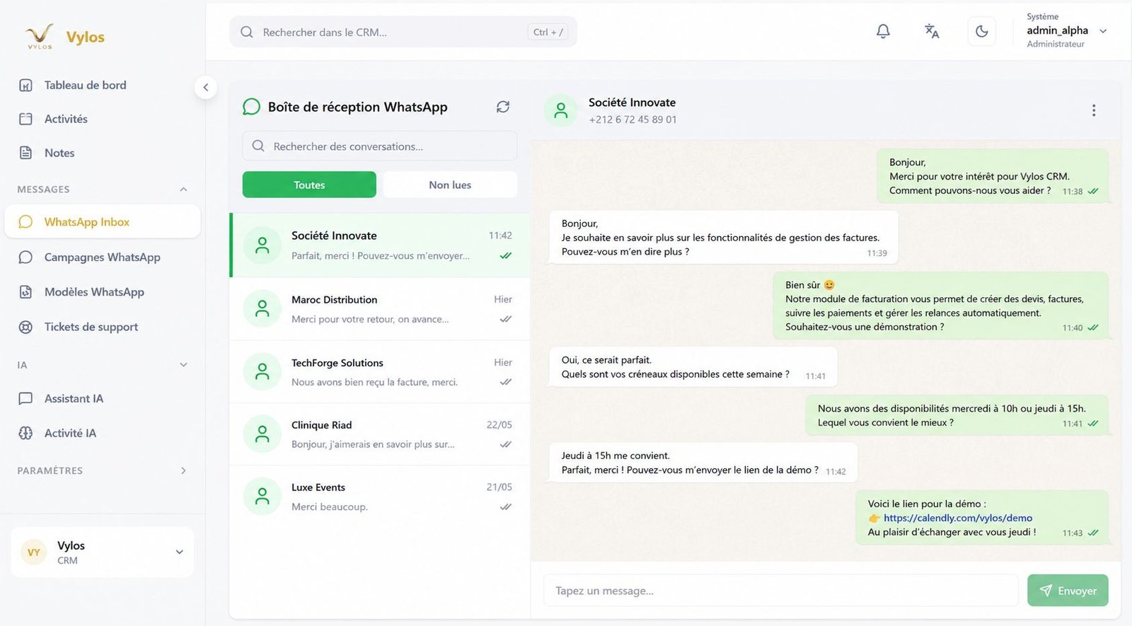 Shared WhatsApp inbox in Vylos: conversation list and thread